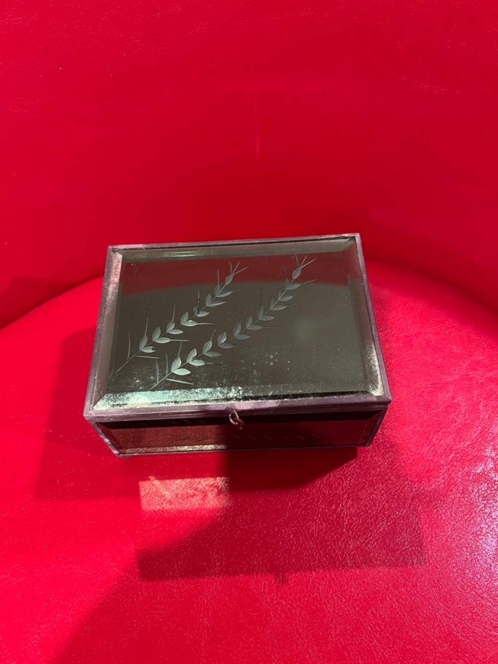 Etched Glass Trinket Box with Leaf Motif